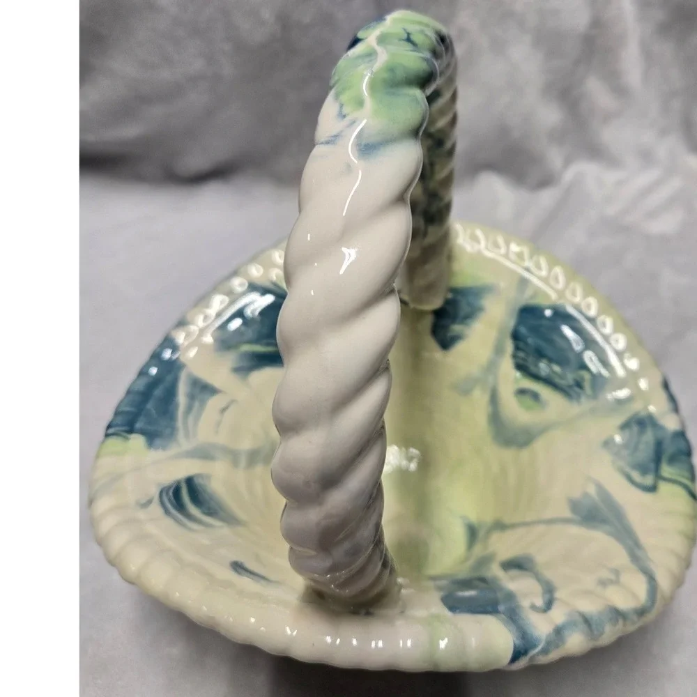 Vintage Signed Ceramic Marbled Blue Green Swirl Woven Basket Twisted Handle